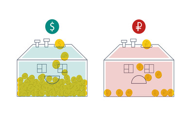 Two piggy banks houses with dollars and roubles