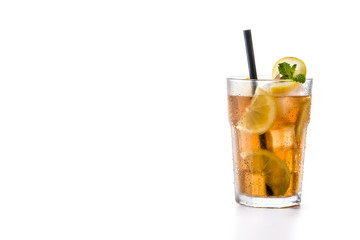 Iced tea drink in glass isolated on white background copy space