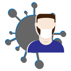 Covid-19 china wuhan pneumonia or corona-virus menace, pandemic contamination. European man in mask. concept of caution banner. Avatar or icon for social net account or news post. Virus on back