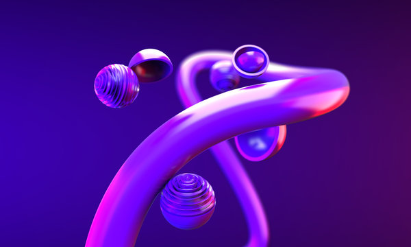 Neon modern curved abstract 3d illustration with purple spline and spheres in the glowing composition