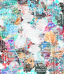 Modern multicolor spotted pop art digital composition with lines, dots and waves and arrows.