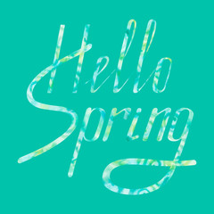 Hello Spring. Watercolor lettering on abstract turquoise background. Seamless pattern. Hand painted watercolor illustration. Design for card, banner, poster and backgrounds.