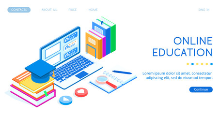 Online education concept. Laptop, stack of books with a graduate cap, isometric vector