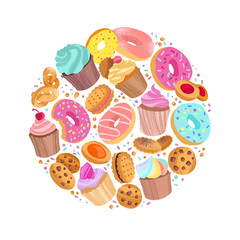 Yummy colorful donuts, cookies and cupcakes hand drawn pattern round shape.