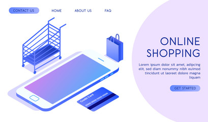 Online shopping concept. On the screen of the smartphone, near a credit card, next to a shopping trolley and shopping bags. Isometric vector