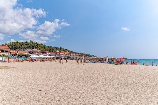 Nea Skioni, Greece - September 06, 2019: Nea Skioni Beach, Kassandra, Chalkidiki, Central Macedonia, Greece