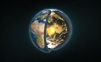 3D Illustration Rendering. Hollow Earth legendary kingdom Agartha located in the Earth's core with sun. Agharti o Agarta mistery. Charles Hutton, Schiehallion experiment.  