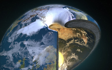 3D Illustration Rendering. Hollow Earth legendary kingdom Agartha located in the Earth's core with sun. Agharti o Agarta mistery. Charles Hutton, Schiehallion experiment.  Close Up