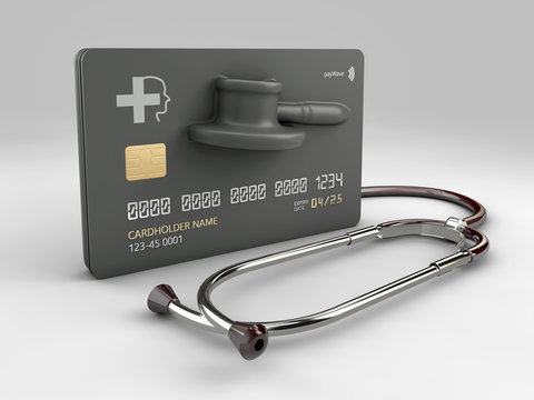 3d rendering of credit card with stethoscope. The concept of paid medicine.