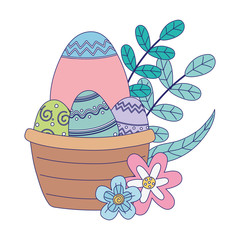 happy easter day, basket with eggs flowers leaves foliage decoration
