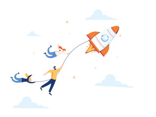 Vector illustration, achievement concept, a company of people holding on to a thread from a rocket, move towards