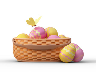 Colorful painted easter eggs in basket on white background