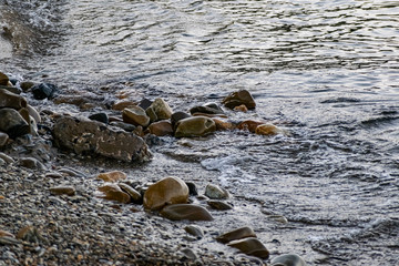 Obraz premium Large and smooth stones in the coastal waves of salty sea water. The coast of the black sea foams and roars, beating against a huge pebble, illuminated by sunlight