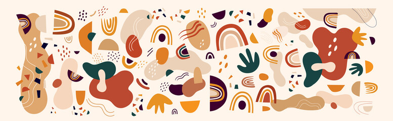 Decorative abstract horizontal banner with colorful doodles. Hand-drawn modern illustration	