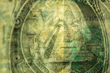 Double exposure of one dollar bill President George Washington and Eye of Providence