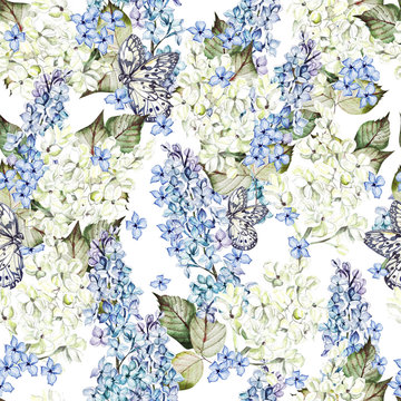 Watercolor Seamless Pattern With Lilac Flowers And Leaves.