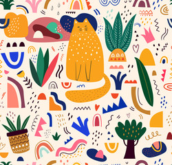 Cute spring seamless pattern with cat. Decorative abstract illustration with colorful doodles. Hand-drawn modern illustration with cats, flowers, abstract elements