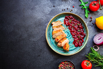 duck breast salad, Menu concept food background keto or paleo diet. top view. copy space for text