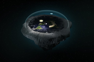 3D Illustration Rendering. Flat earth theory with atmosphere, sun, moon and glass cover. Ancient mythology belief in plane globe in form of disk. Night View