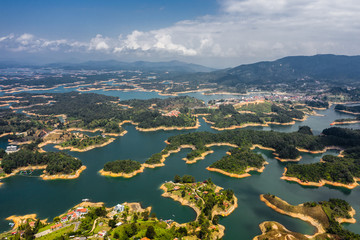 Aerial view landscape of the lake of Guatape from Rock of Guatape, Piedra Del Penol, Colombia.