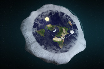3D Illustration Rendering. Flat earth theory with atmosphere, sun, moon and glass cover. Ancient mythology belief in plane globe in form of disk. Top View