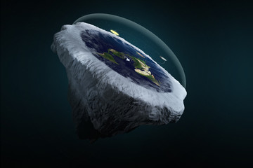 3D Illustration Rendering. Flat earth theory with atmosphere, sun, moon and glass cover. Ancient mythology belief in plane globe in form of disk. Side View
