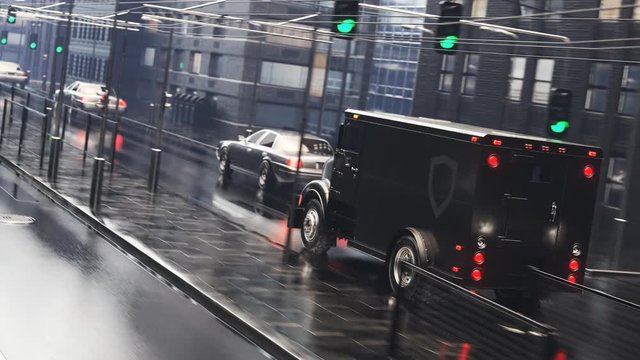 A Heavy, Black Armoured Truck Going Through The City During Rainy Weather. 4KHD