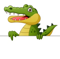 Crocodile cartoon with signboard. Vector illustration