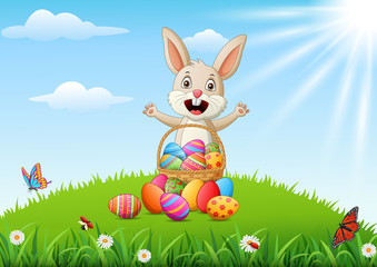 Easter background with decorated Easter eggs, Easter eggs in basket and funny rabbit. Vector illustration