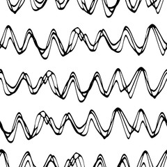 Wavy lines seamless vector pattern background. Large entwined hand drawn uneven line art black and white waves backdrop. Abstract scribble geometric stripe illustration. Linear all over print.