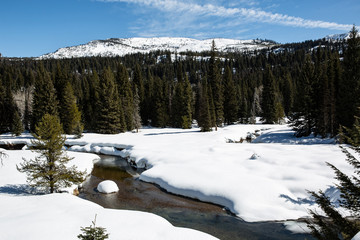 late winter scene with creek, small river, clouds and mountain