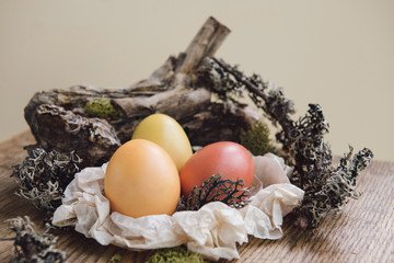 Decorated easter eggs with wood, moss, natural style in spring