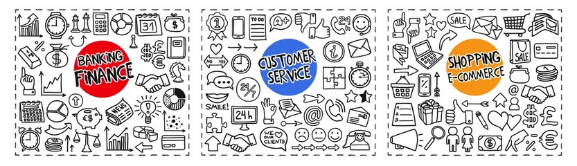 Finance and Banking, Customer Service and Shopping and e-Commerce doodle icons set © paketesama