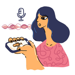 Woman holding her phone and speaking. AI voice personal assistant recognition technology concept. Voicemail illustration. - 330168908