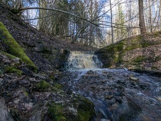 Fototapeta na wymiar spring landscape with a small waterfall on a small wild river