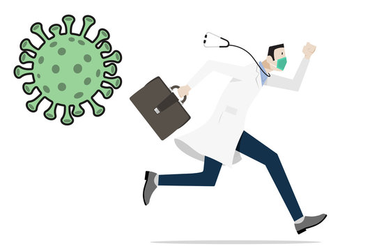 Coronavirus Covid-19 Concept. Doctor wearing protective face mask escapes from SARS-CoV-2 virus.