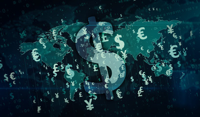 Money symbols on digital globe background