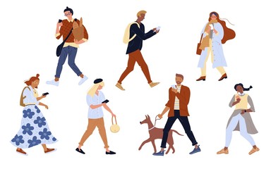 Vector illustration walking people look smartphone