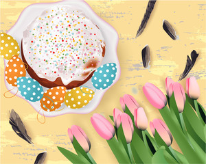 Easter banner with Easter cake, Easter Eggs, plate, feathers, tulips on abstract background, holiday