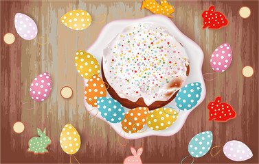 Easter banner with Easter cake, Easter Eggs, plate, Easter cookies on a wooden background, holiday
