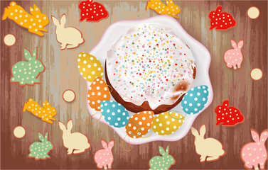 Easter banner with Easter cake, Easter Eggs, plate, cookies on a wooden background, holiday