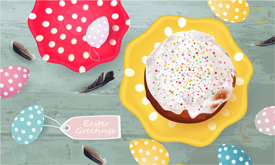 Easter Greetings banner with Easter cake, Easter Eggs, plates, feathers on abstract background, holiday