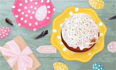 Easter Greetings banner with Easter cake, Easter Eggs, plates, feathers, gift box on abstract background, holiday