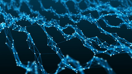 Network of dots connected by lines. DNA twisted structure. Molecular abstract background. 3D rendering.