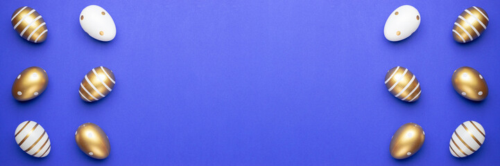 Easter eggs isolated on blue background. For greeting card, promotion, poster, flyer, web-banner, article.