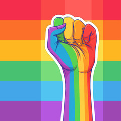 Rainbow colored hand with a fist raised up. Gay Pride. LGBT concept. Realistic style vector colorful illustration. Sticker, patch, t-shirt print, logo design.
