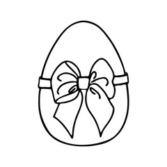 Easter egg with a bow-Doodle style . A black-and-white image isolated on a white background.Festive egg with a ribbon.Coloring.Outline drawing by hand.For postcards, decorations for Easter.Vector 