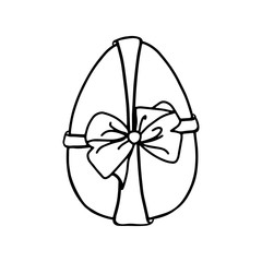 Easter egg with a bow-Doodle style . A black-and-white image isolated on a white background.Festive egg with a ribbon.Coloring.Outline drawing by hand.For postcards, decorations for Easter.Vector 