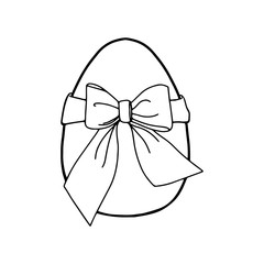 Easter egg with a bow-Doodle style . A black-and-white image isolated on a white background.Festive egg with a ribbon.Coloring.Outline drawing by hand.For postcards, decorations for Easter.Vector 