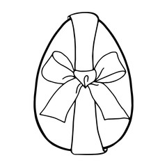 Easter egg with a bow-Doodle style . A black-and-white image isolated on a white background.Festive egg with a ribbon.Coloring.Outline drawing by hand.For postcards, decorations for Easter.Vector 